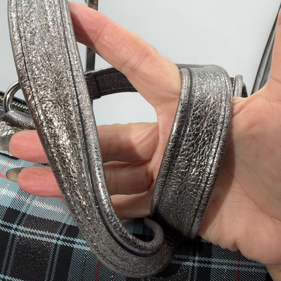 Coach Poppy Tartan Plaid Tote Bag Grey Black Patent Leather Shoulder Bag - Picture 10 of 16